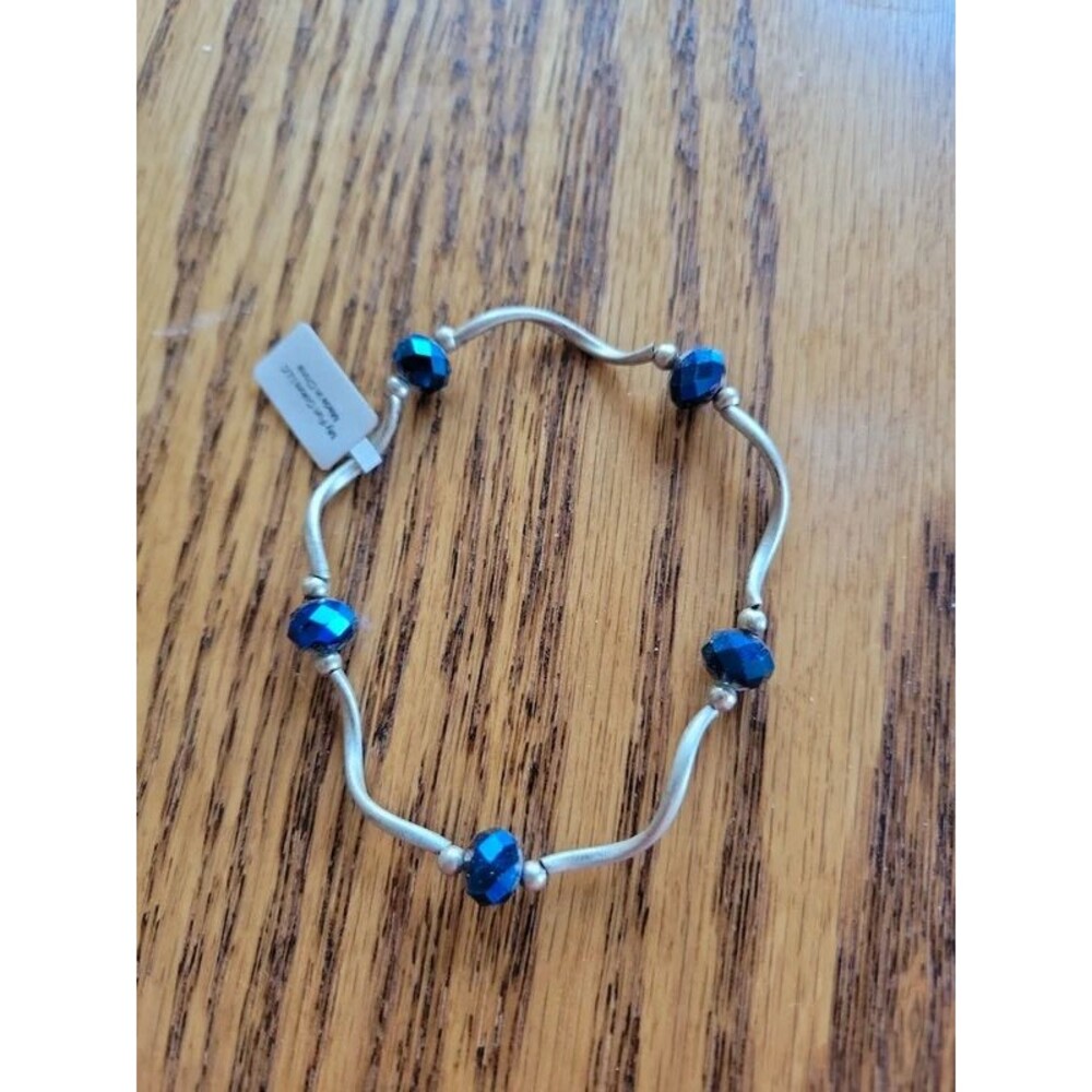 Silver tone Blue Bead Stretchy Bracelet